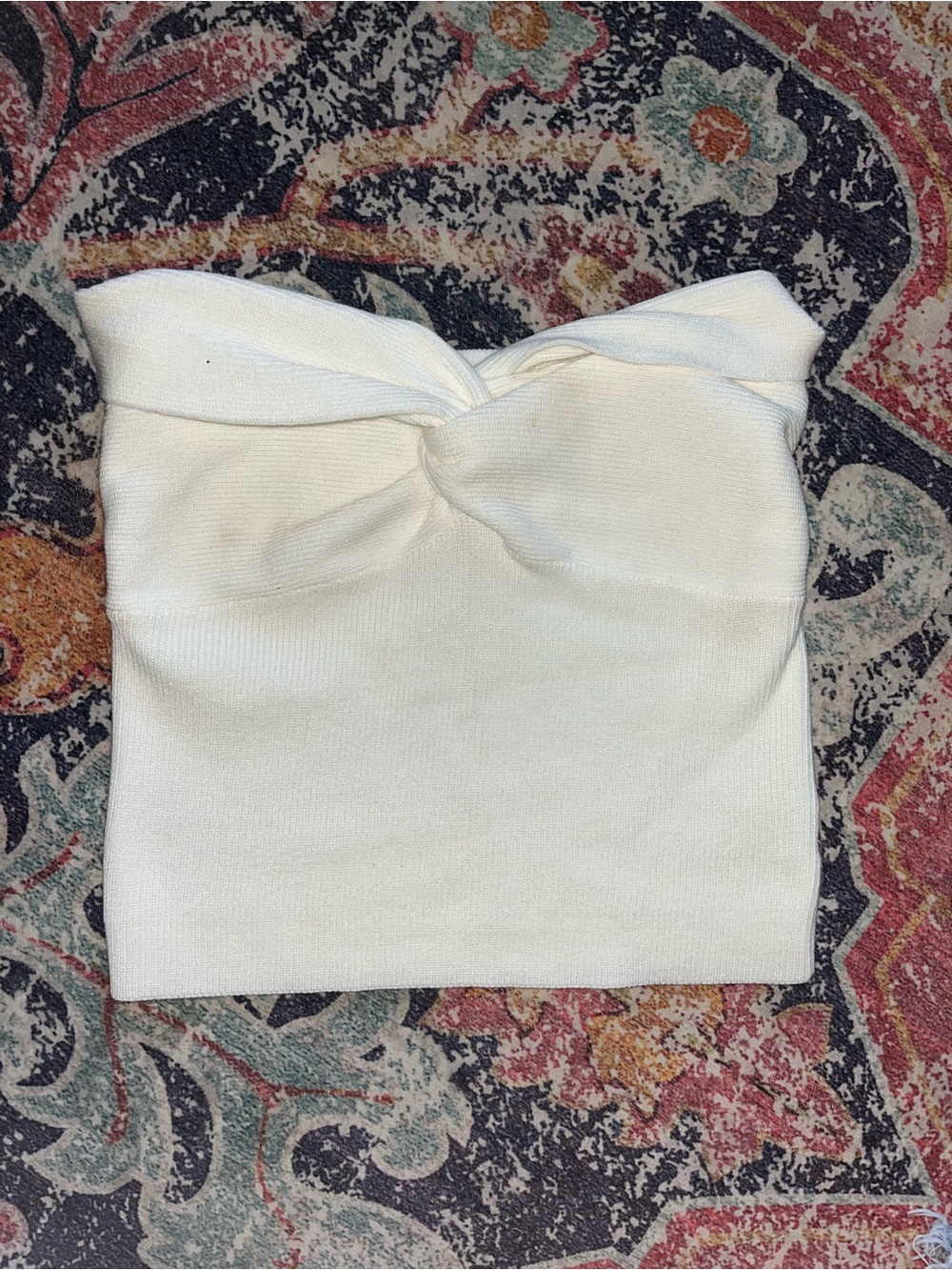 Amazon Cream Strapless Twist-Front Knit Crop Top